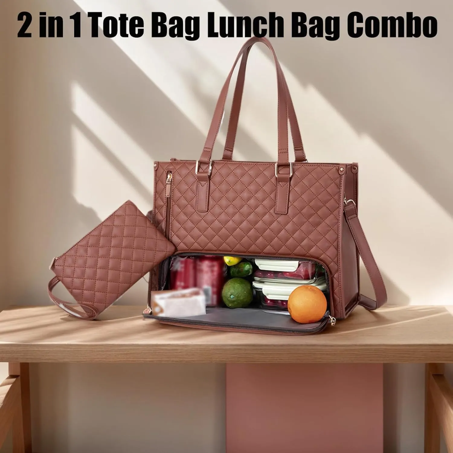 Kristie Leblanc Tote Bag, 2 in 1 Tote Lunch Bag Combo, 15.6 Inch Large Pu Laptop Bags with Insulated Lunch Compartment (Dark Red,One Size)
