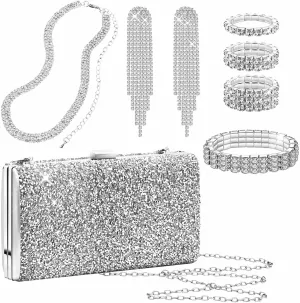 Kucheed 5PCS Silver Clutch Purse Jewelry Sets for Women, Glitter Evening Clutch Bag Rhinestone Necklace Bracelet,Bling Crystal Dangle Fringe Earrings Purse for Wedding Party Prom