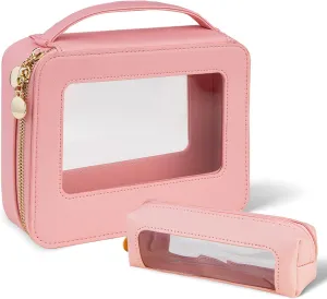 kullder 2Pcs Clear Cosmetic Bag, Travel Makeup Bags, Waterproof Toiletry Bag, Large Cosmetic Case Make Up Pouch for Women with Clear Window, Golden Zipper, Portable Organizer for Car Essentials-Pink