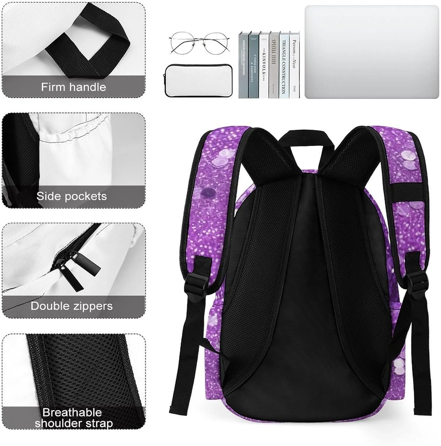 Laptop Backpack for Women Men Daypack Waterproof Sparkling Purple Glitter Computer Bag Business Work Bag for Travel