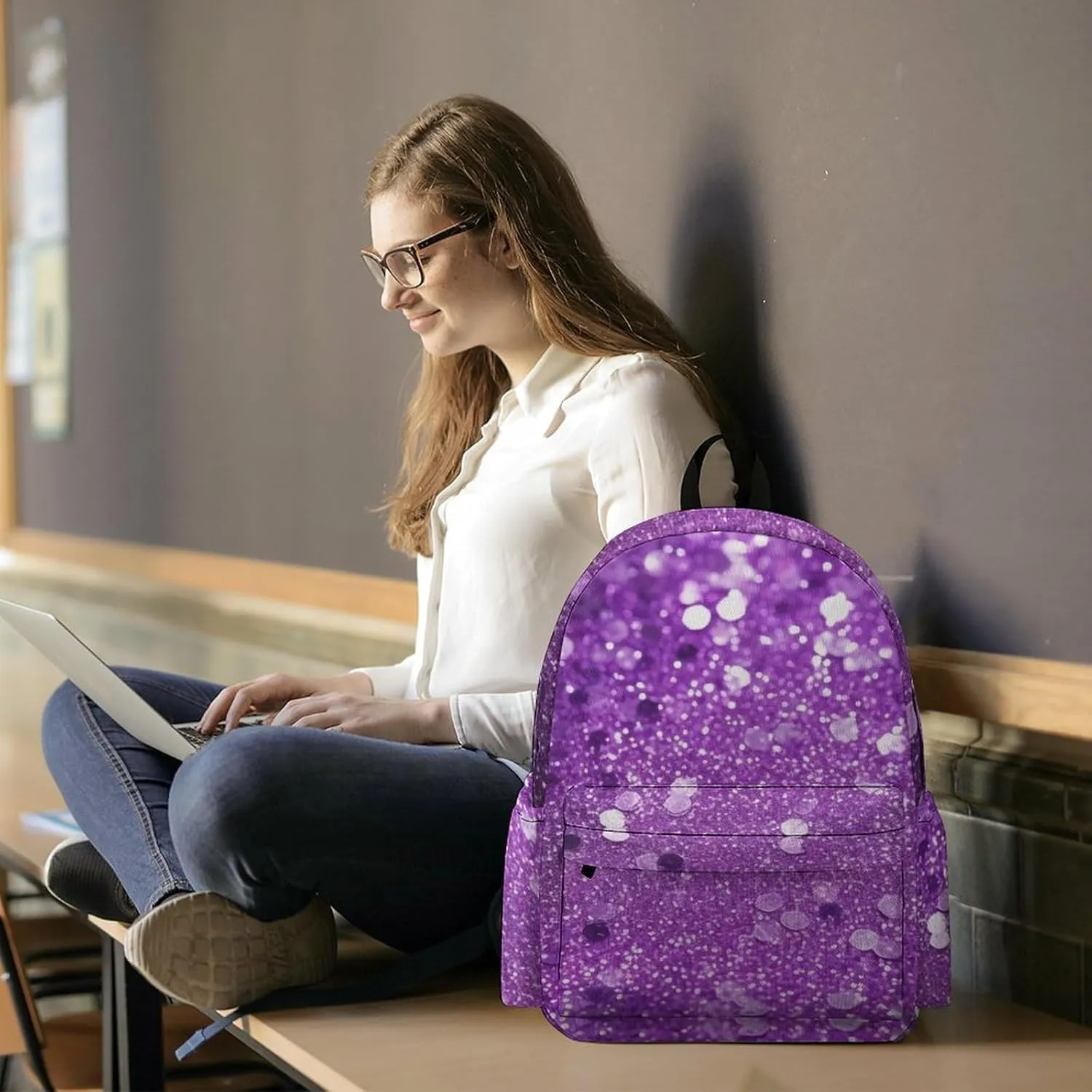Laptop Backpack for Women Men Daypack Waterproof Sparkling Purple Glitter Computer Bag Business Work Bag for Travel