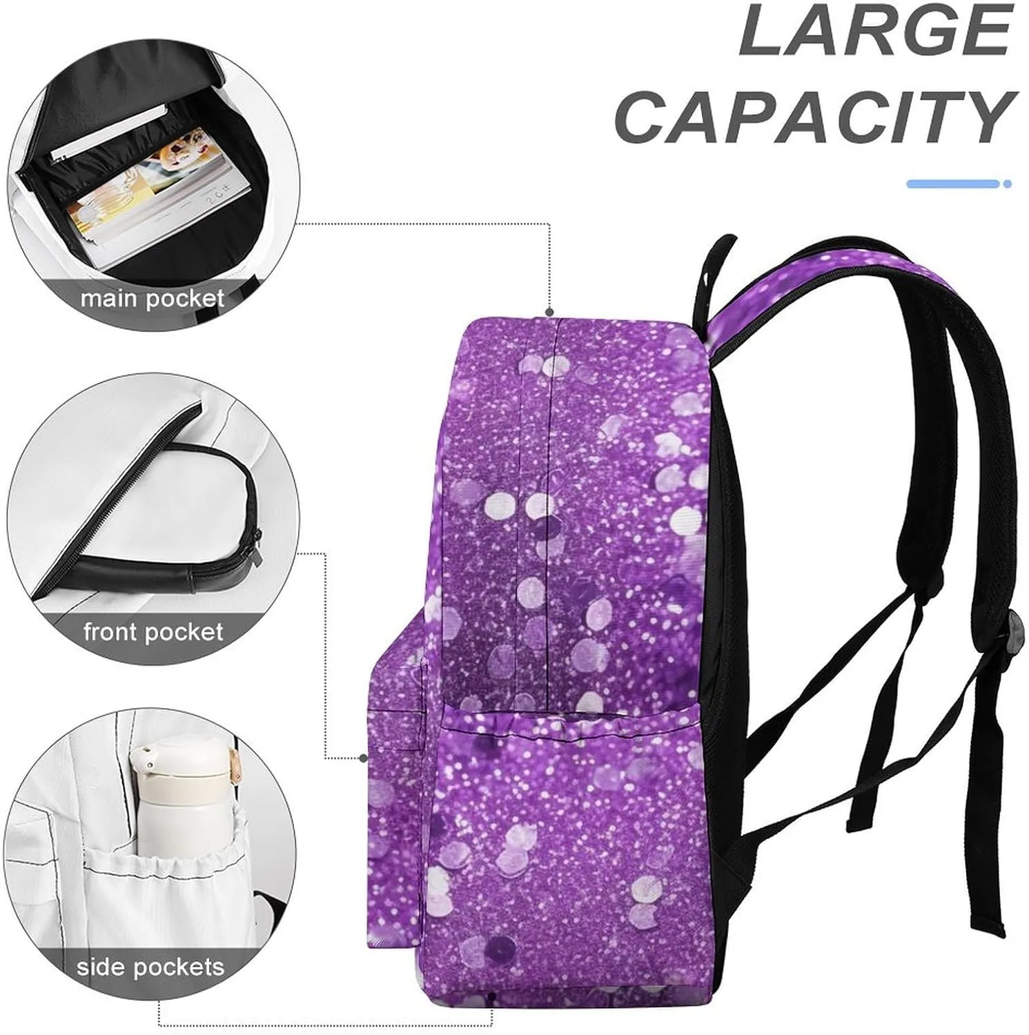 Laptop Backpack for Women Men Daypack Waterproof Sparkling Purple Glitter Computer Bag Business Work Bag for Travel