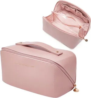 Large Capacity Travel Cosmetic Bag, Makeup Organizer Bag, Multifunctional Storage Makeup Bag Waterproof PU Leather Travel Toiletry Bag for Women (Pink)