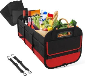 Large Organizer for Car, 95L Stretchable Storage Trunk Organizer with Divided Compartments, Fixed Big Trunk Organizer with Handles & Adjustable Straps, Car Accessories (Black & Red)