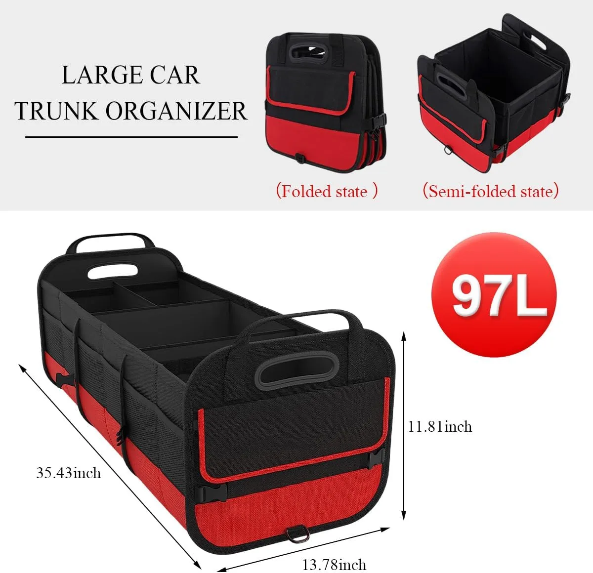 Large Organizer for Car, 95L Stretchable Storage Trunk Organizer with Divided Compartments, Fixed Big Trunk Organizer with Handles & Adjustable Straps, Car Accessories (Black & Red)