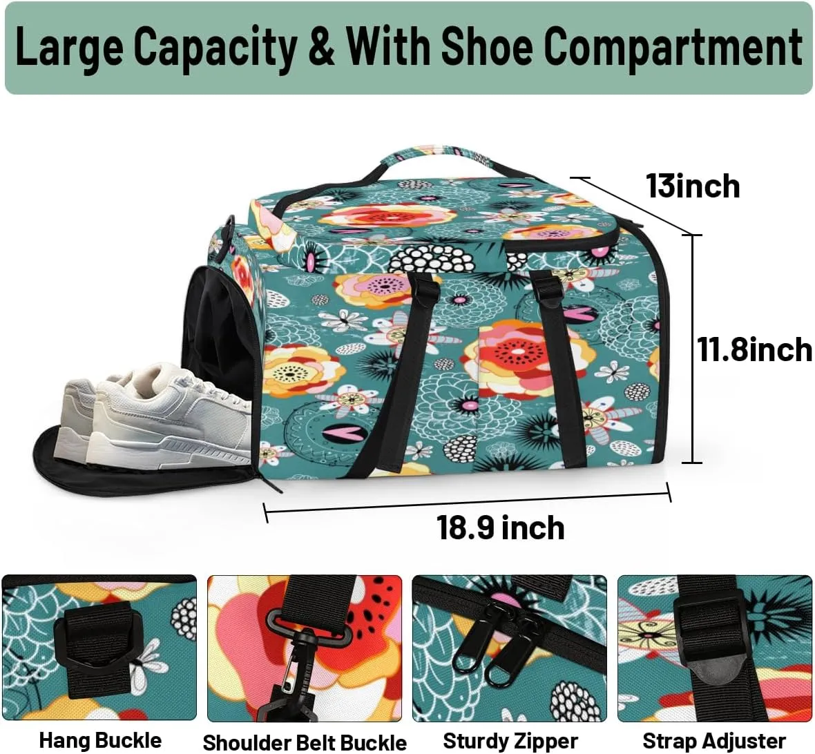 Large Sports Gym Bag With Shoe & Laptop Compartment 47L Waterproof Travel Duffel Bags for Men Women Abstract Flowers Luggage Backpack Duffle Bag