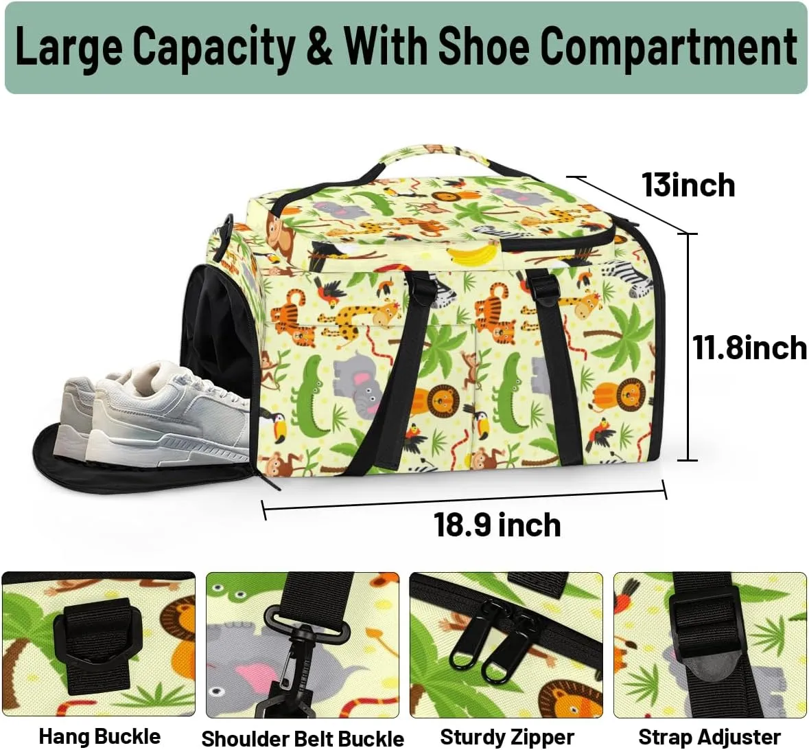 Large Sports Gym Bag With Shoe & Laptop Compartment 47L Waterproof Travel Duffel Bags for Men Women Animal Dinosaur Style Luggage Backpack Duffle Bag