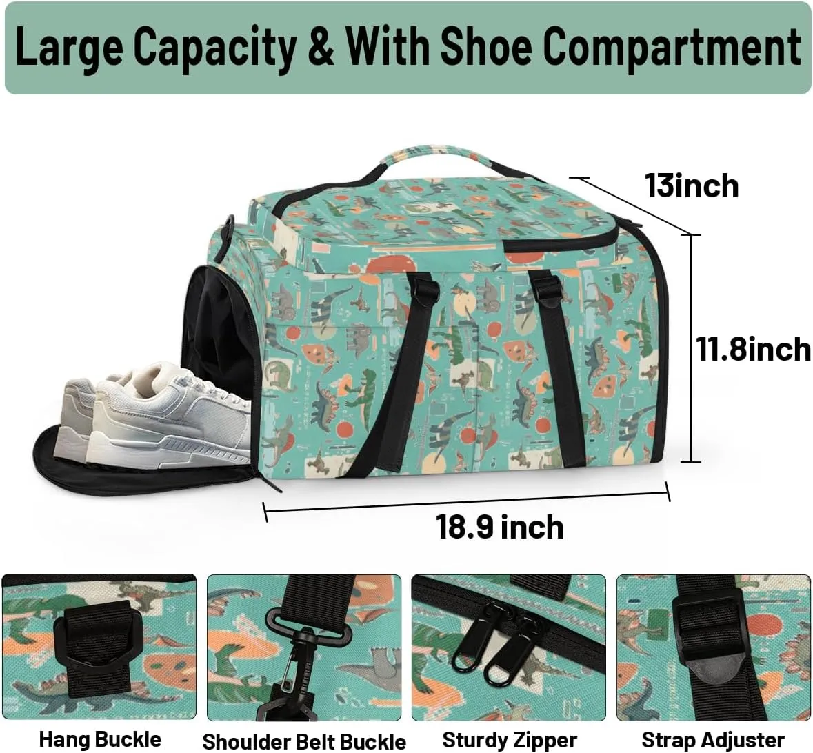 Large Sports Gym Bag With Shoe & Laptop Compartment 47L Waterproof Travel Duffel Bags for Men Women Animal Dinosaur Theme Luggage Backpack Duffle Bag