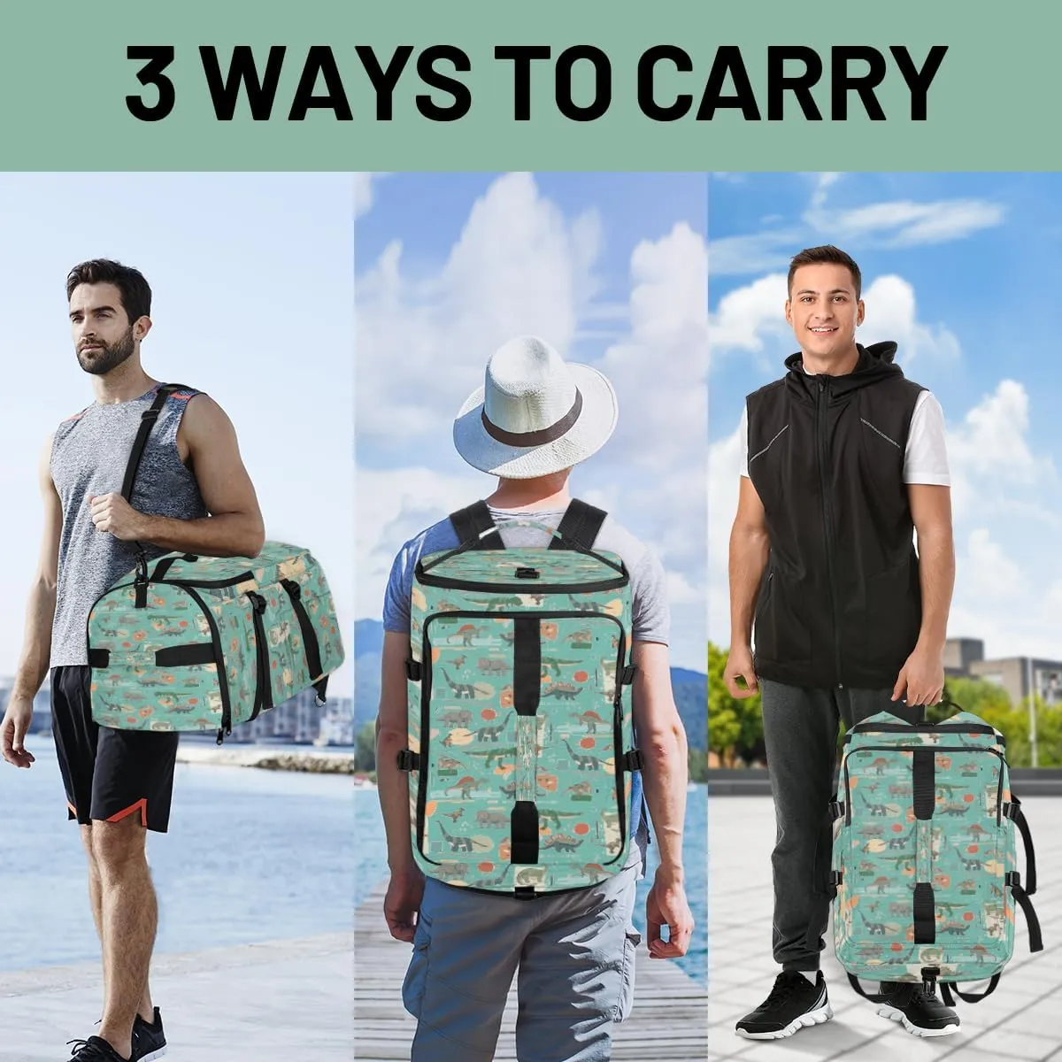 Large Sports Gym Bag With Shoe & Laptop Compartment 47L Waterproof Travel Duffel Bags for Men Women Animal Dinosaur Theme Luggage Backpack Duffle Bag