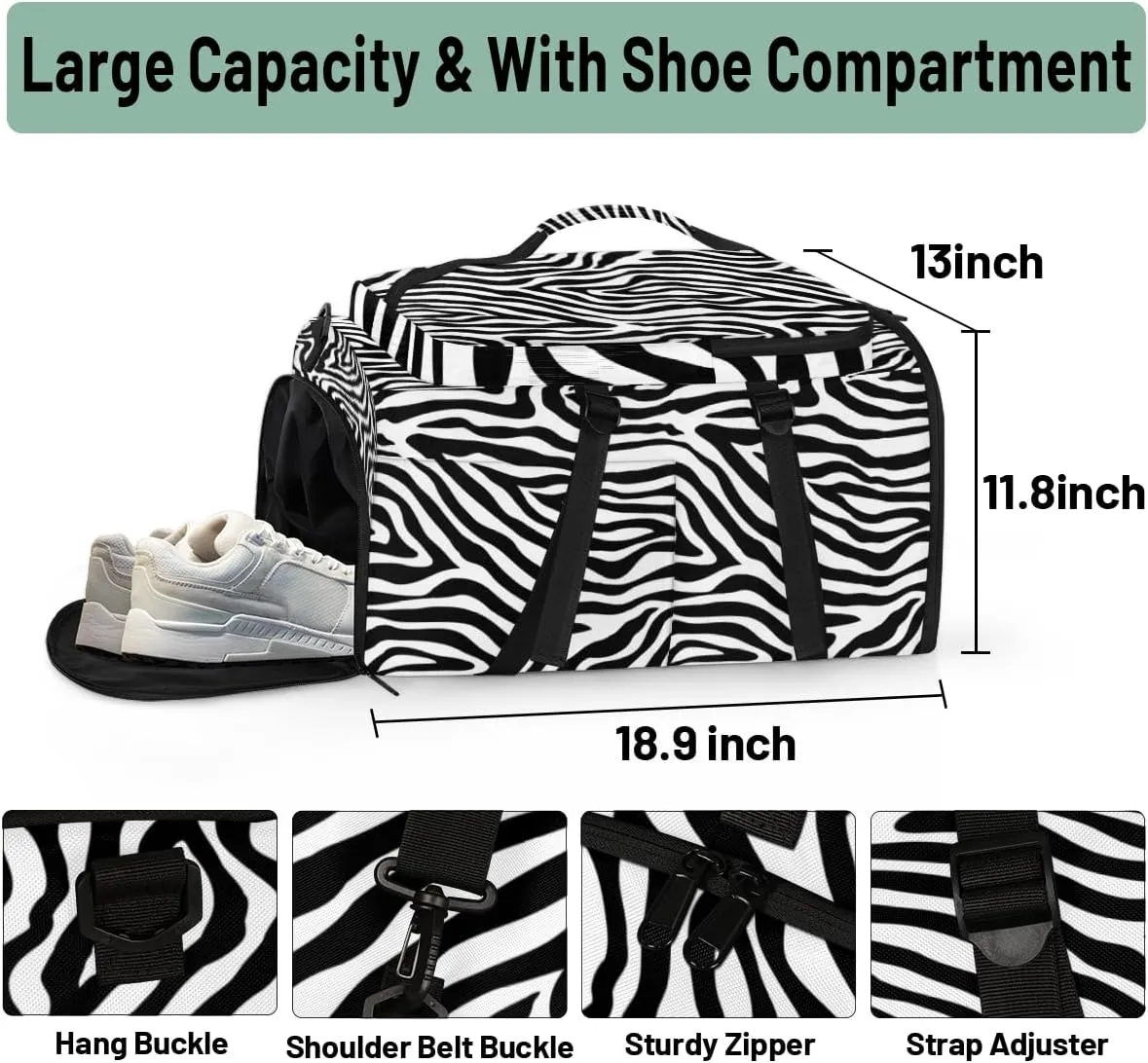 Large Sports Gym Bag With Shoe & Laptop Compartment 47L Waterproof Travel Duffel Bags for Men Women Animal Zebra Print Luggage Backpack Duffle Bag