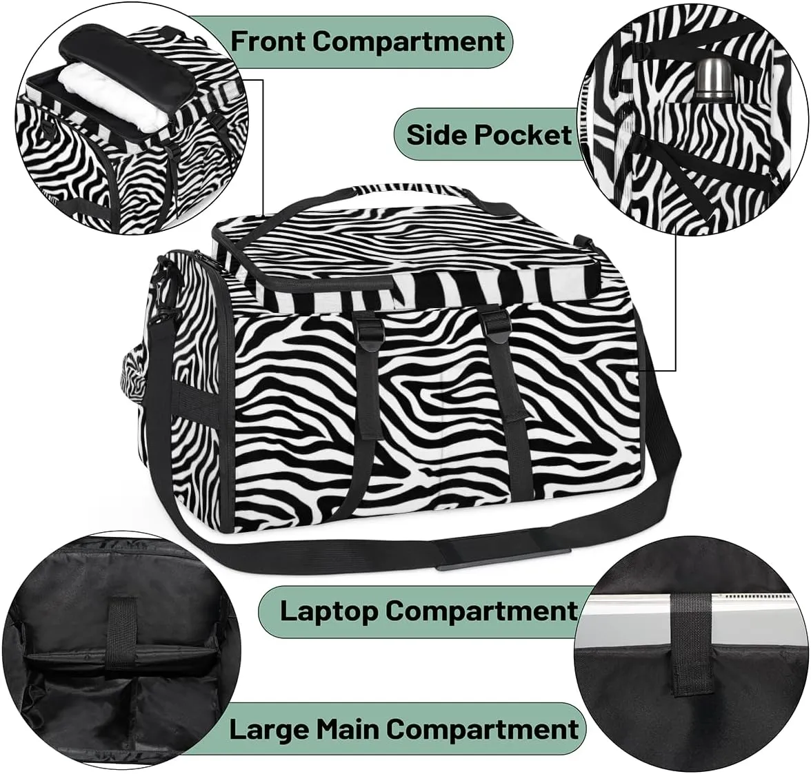 Large Sports Gym Bag With Shoe & Laptop Compartment 47L Waterproof Travel Duffel Bags for Men Women Animal Zebra Print Luggage Backpack Duffle Bag