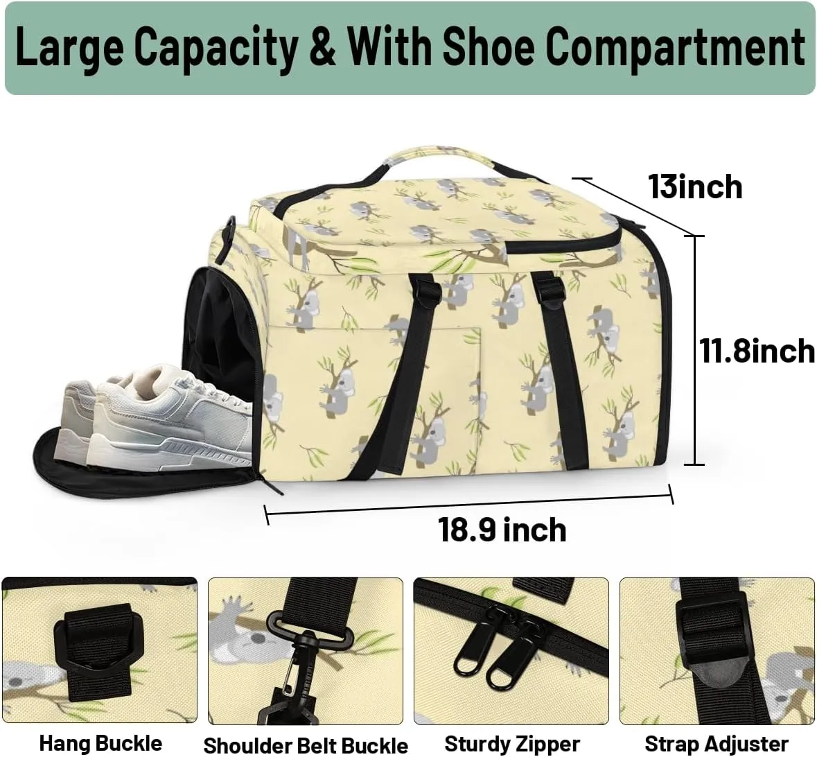 Large Sports Gym Bag With Shoe & Laptop Compartment 47L Waterproof Travel Duffel Bags for Men Women Cartoon Koala Luggage Backpack Duffle Bag