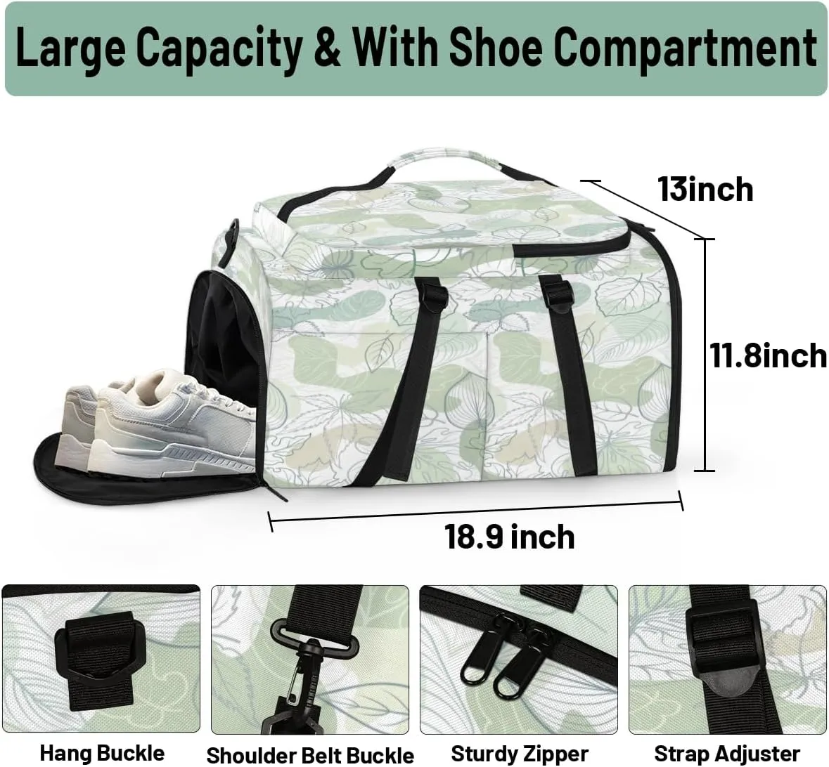 Large Sports Gym Bag With Shoe & Laptop Compartment 47L Waterproof Travel Duffel Bags for Men Women Cartoon Leaf Plant Luggage Backpack Duffle Bag