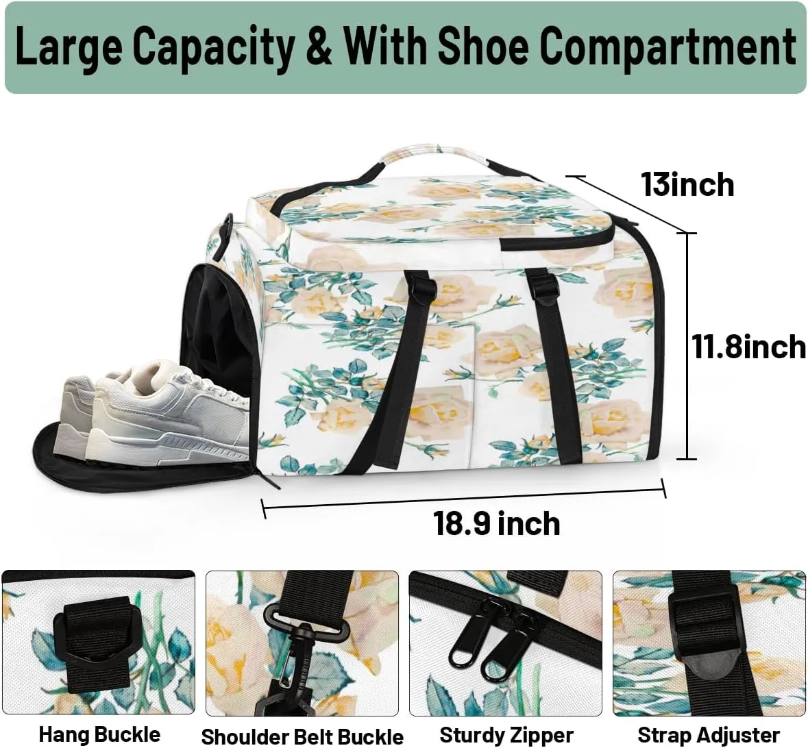 Large Sports Gym Bag With Shoe & Laptop Compartment 47L Waterproof Travel Duffel Bags for Men Women Cartoon Roses Luggage Backpack Duffle Bag