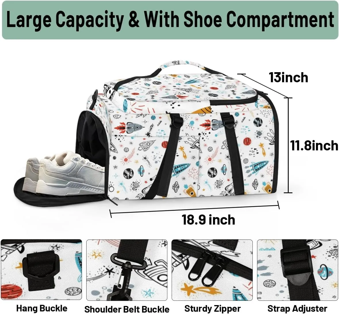 Large Sports Gym Bag With Shoe & Laptop Compartment 47L Waterproof Travel Duffel Bags for Men Women Cartoon Solar System Planet Luggage Backpack Duffle Bag