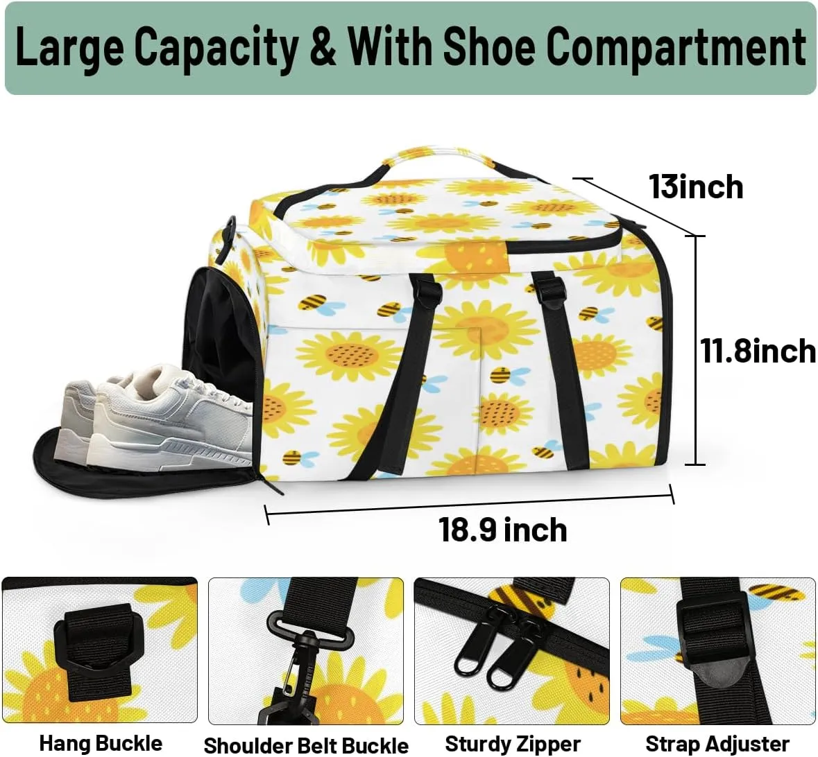 Large Sports Gym Bag With Shoe & Laptop Compartment 47L Waterproof Travel Duffel Bags for Men Women Cartoon Sunflower Luggage Backpack Duffle Bag