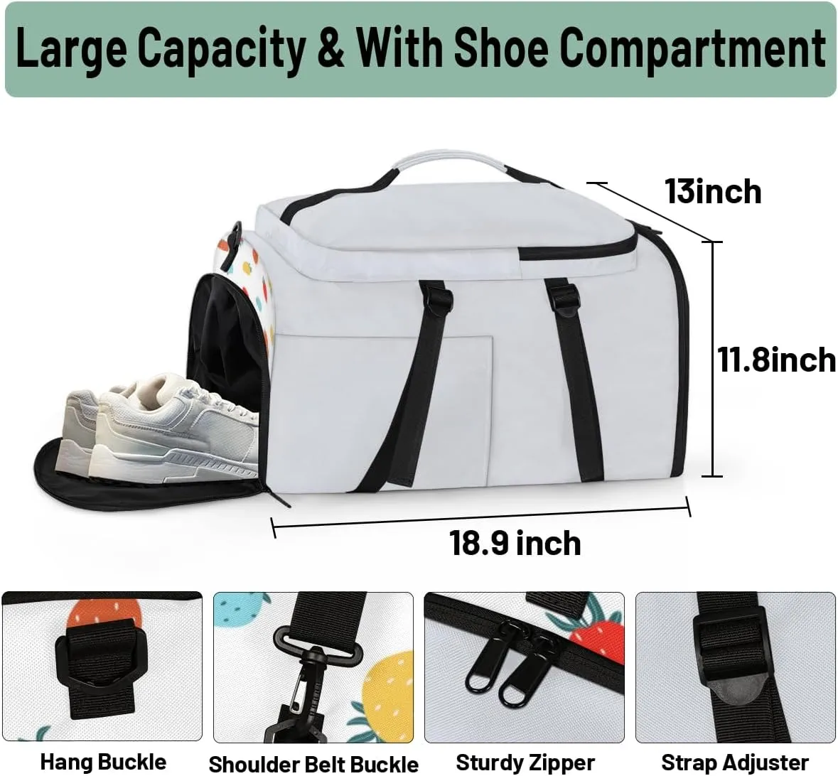 Large Sports Gym Bag With Shoe & Laptop Compartment 47L Waterproof Travel Duffel Bags for Men Women Colorful Strawberry Luggage Backpack Duffle Bag