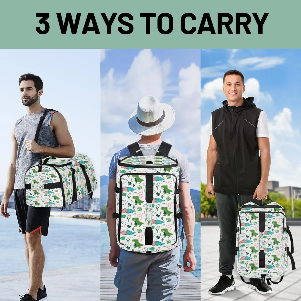Large Sports Gym Bag With Shoe & Laptop Compartment 47L Waterproof Travel Duffel Bags for Men Women Cute Dino Luggage Backpack Duffle Bag