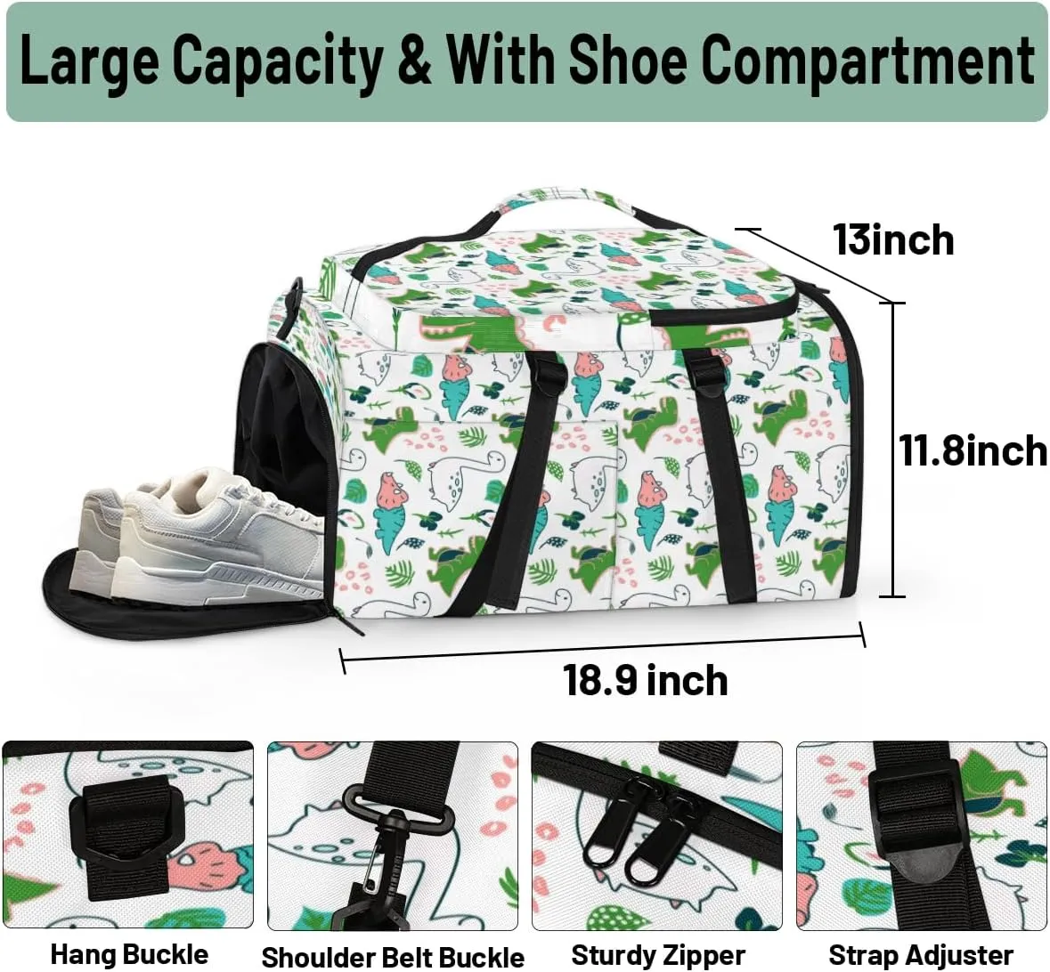 Large Sports Gym Bag With Shoe & Laptop Compartment 47L Waterproof Travel Duffel Bags for Men Women Cute Dino Luggage Backpack Duffle Bag