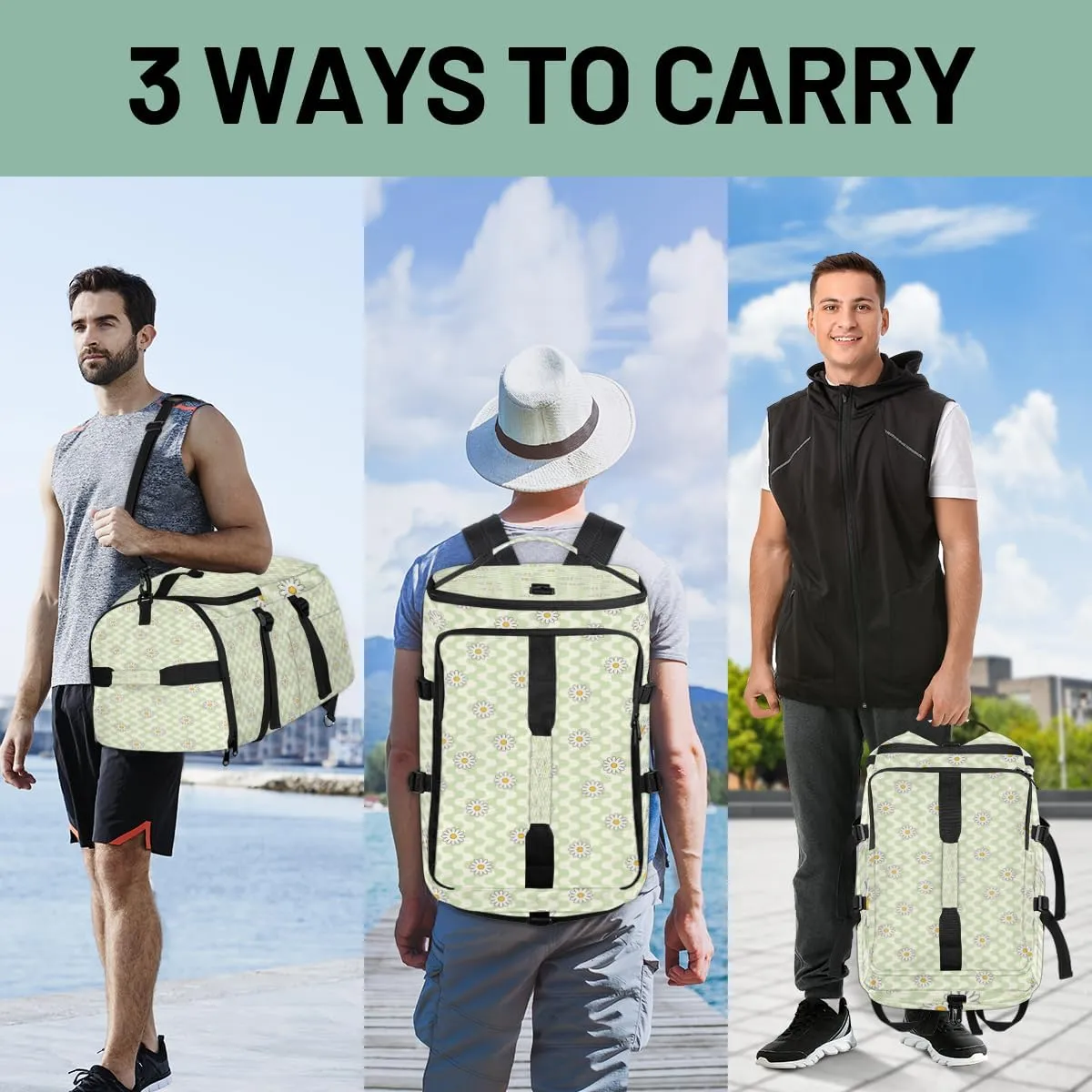 Large Sports Gym Bag With Shoe & Laptop Compartment 47L Waterproof Travel Duffel Bags for Men Women Daisy Cute Stripes Luggage Backpack Duffle Bag