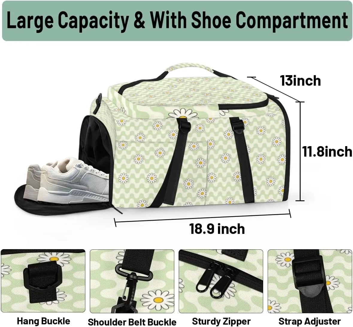 Large Sports Gym Bag With Shoe & Laptop Compartment 47L Waterproof Travel Duffel Bags for Men Women Daisy Cute Stripes Luggage Backpack Duffle Bag