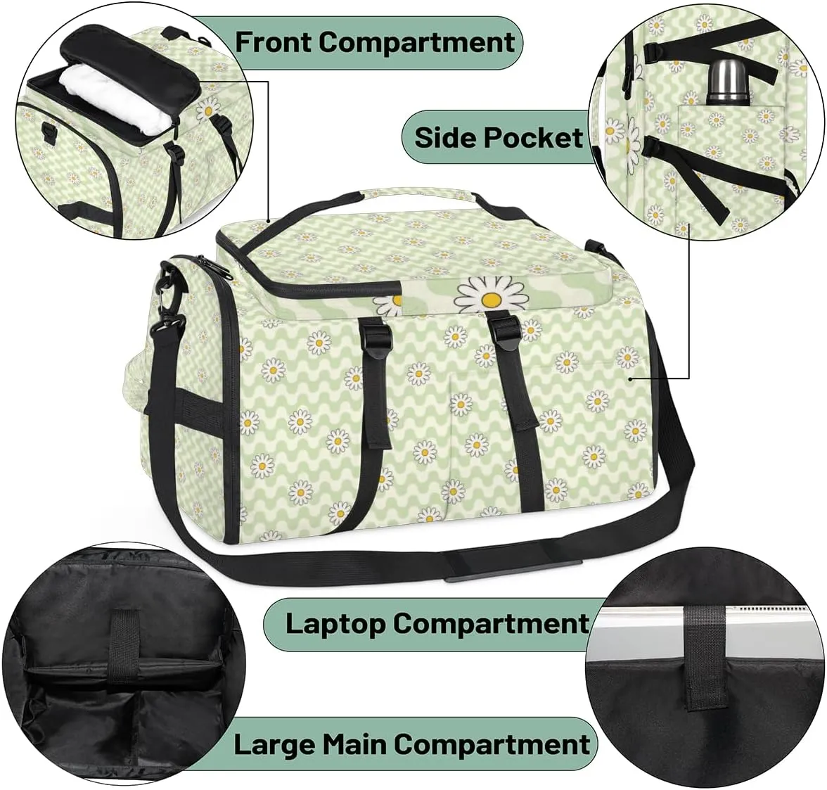Large Sports Gym Bag With Shoe & Laptop Compartment 47L Waterproof Travel Duffel Bags for Men Women Daisy Cute Stripes Luggage Backpack Duffle Bag