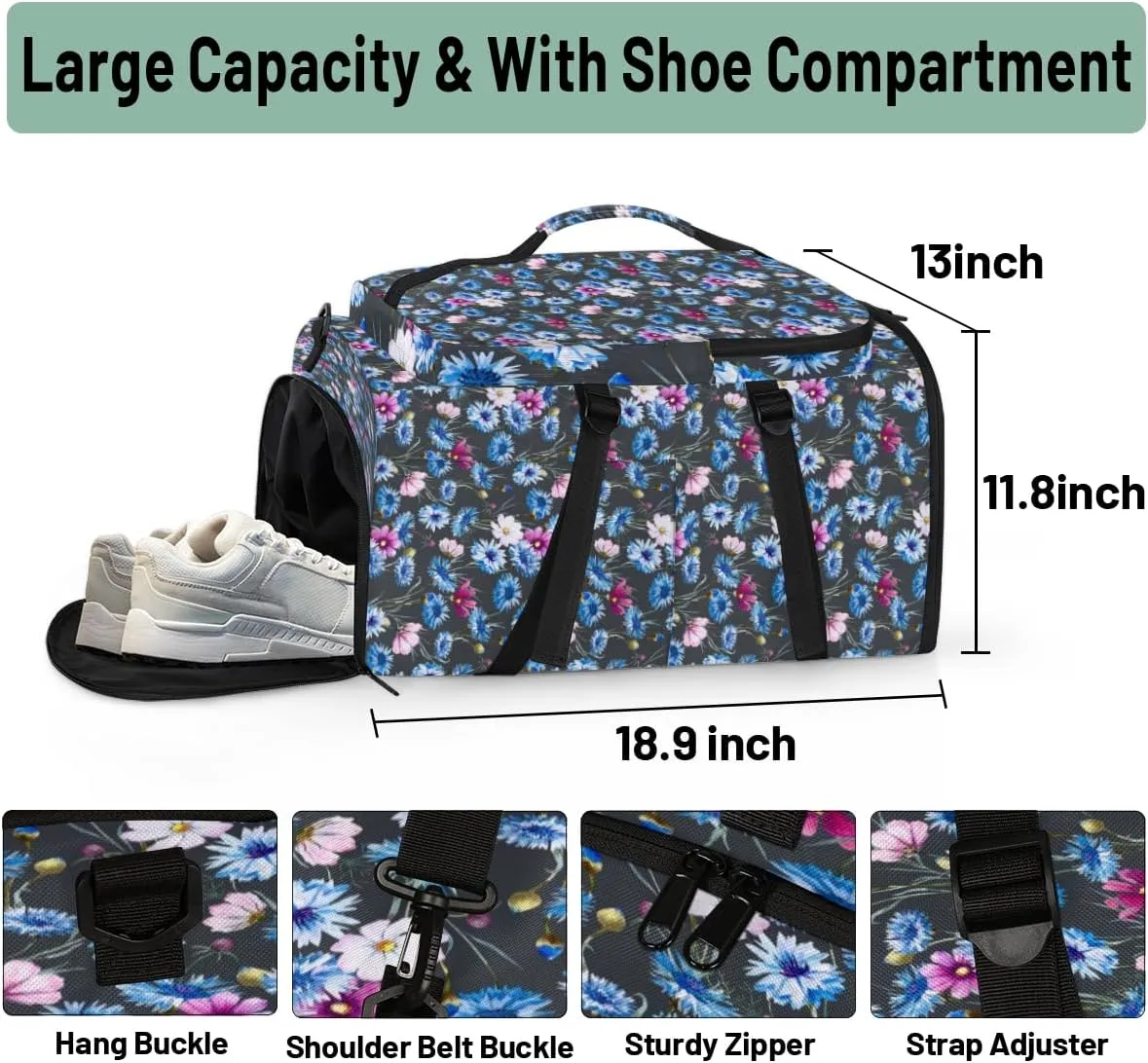 Large Sports Gym Bag With Shoe & Laptop Compartment 47L Waterproof Travel Duffel Bags for Men Women Daisy Design Luggage Backpack Duffle Bag