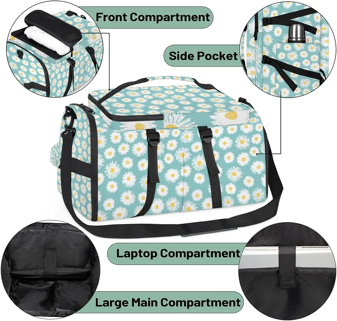 Large Sports Gym Bag With Shoe & Laptop Compartment 47L Waterproof Travel Duffel Bags for Men Women Daisy Pattern Luggage Backpack Duffle Bag