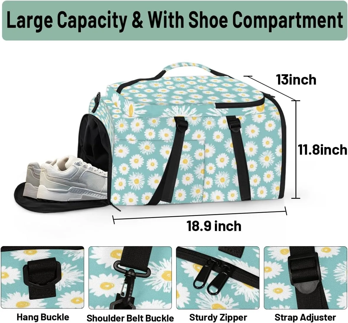 Large Sports Gym Bag With Shoe & Laptop Compartment 47L Waterproof Travel Duffel Bags for Men Women Daisy Pattern Luggage Backpack Duffle Bag