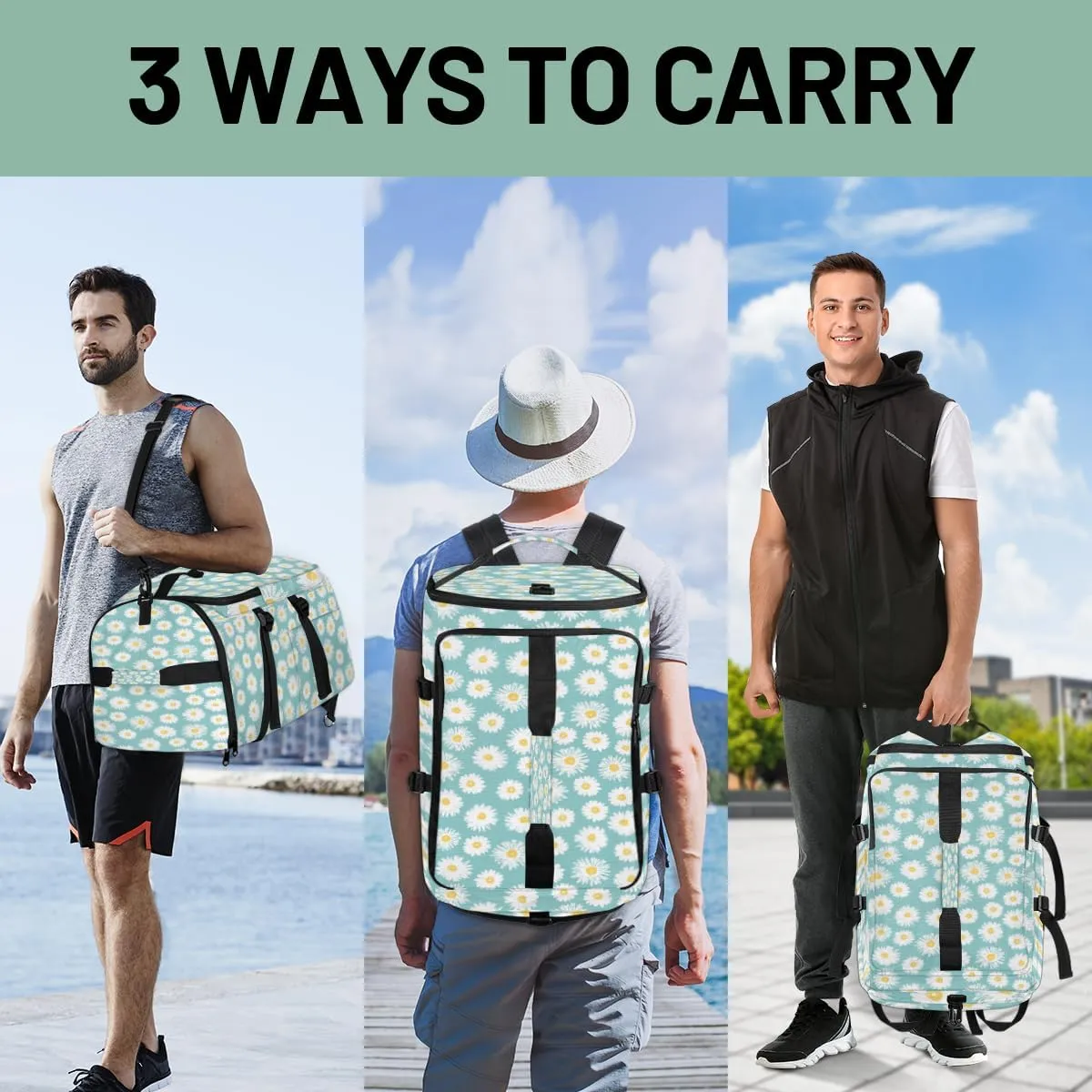 Large Sports Gym Bag With Shoe & Laptop Compartment 47L Waterproof Travel Duffel Bags for Men Women Daisy Pattern Luggage Backpack Duffle Bag
