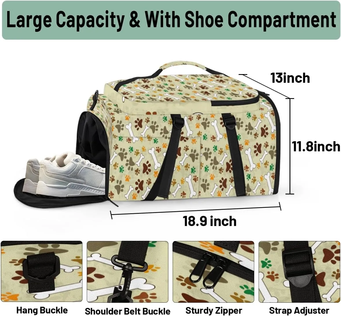 Large Sports Gym Bag With Shoe & Laptop Compartment 47L Waterproof Travel Duffel Bags for Men Women Dog Footprint Luggage Backpack Duffle Bag