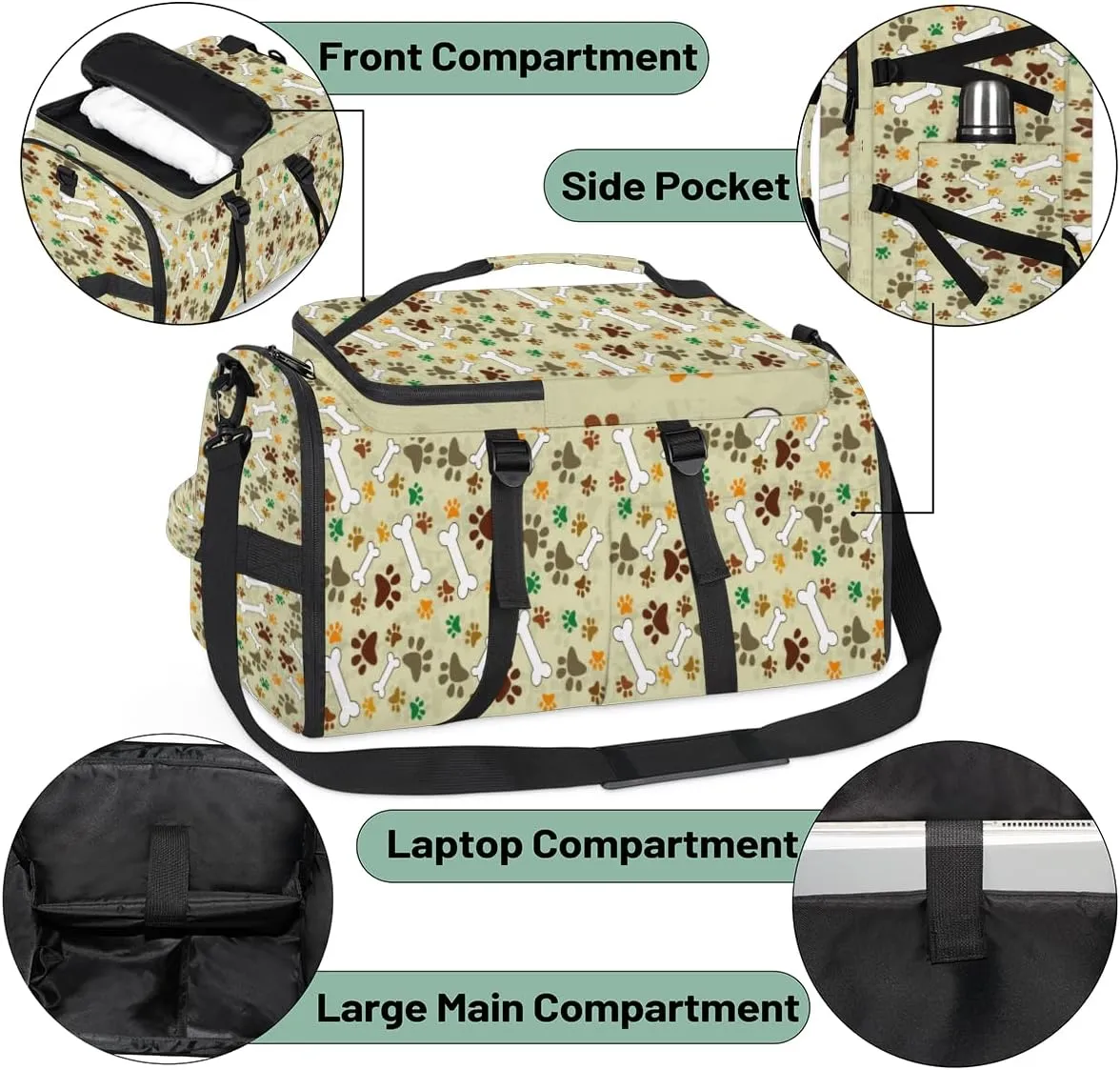 Large Sports Gym Bag With Shoe & Laptop Compartment 47L Waterproof Travel Duffel Bags for Men Women Dog Footprint Luggage Backpack Duffle Bag