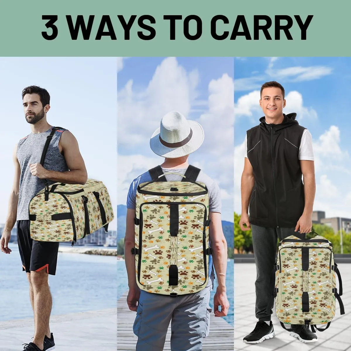 Large Sports Gym Bag With Shoe & Laptop Compartment 47L Waterproof Travel Duffel Bags for Men Women Dog Footprint Luggage Backpack Duffle Bag