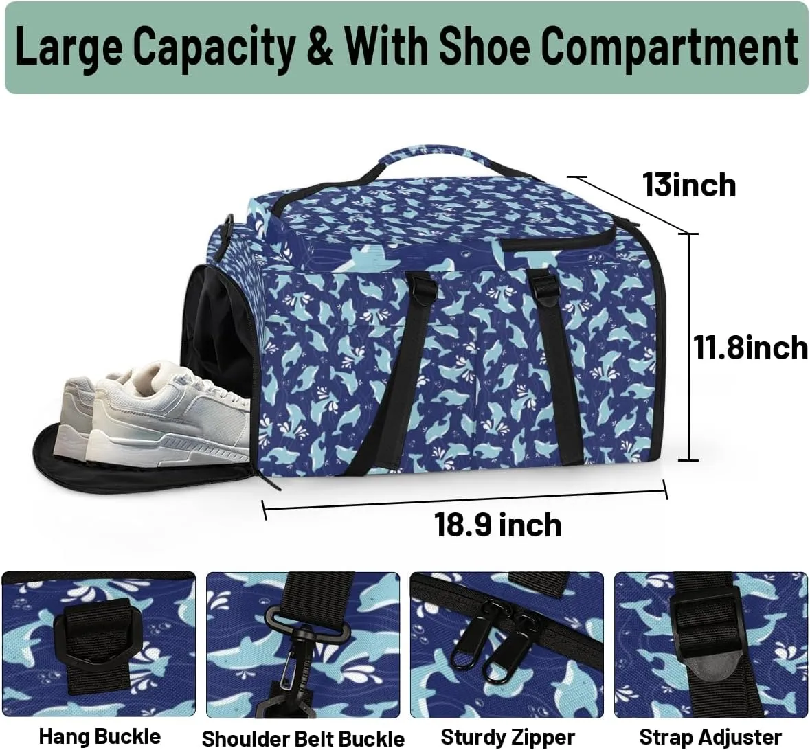 Large Sports Gym Bag With Shoe & Laptop Compartment 47L Waterproof Travel Duffel Bags for Men Women Dolphin Animals Luggage Backpack Duffle Bag