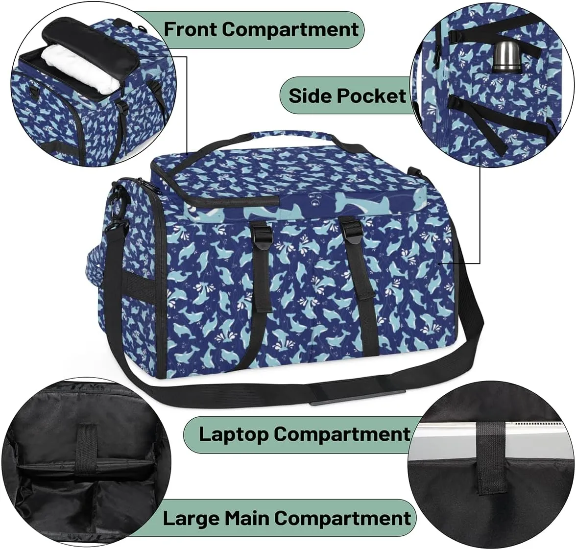 Large Sports Gym Bag With Shoe & Laptop Compartment 47L Waterproof Travel Duffel Bags for Men Women Dolphin Animals Luggage Backpack Duffle Bag