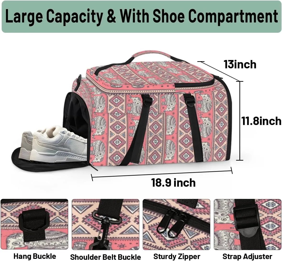 Large Sports Gym Bag With Shoe & Laptop Compartment 47L Waterproof Travel Duffel Bags for Men Women Elephant Animal Luggage Backpack Duffle Bag