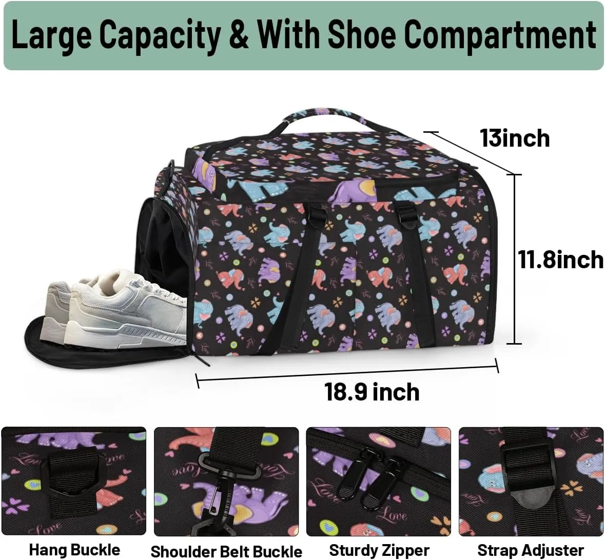 Large Sports Gym Bag With Shoe & Laptop Compartment 47L Waterproof Travel Duffel Bags for Men Women Elephant Lover Luggage Backpack Duffle Bag