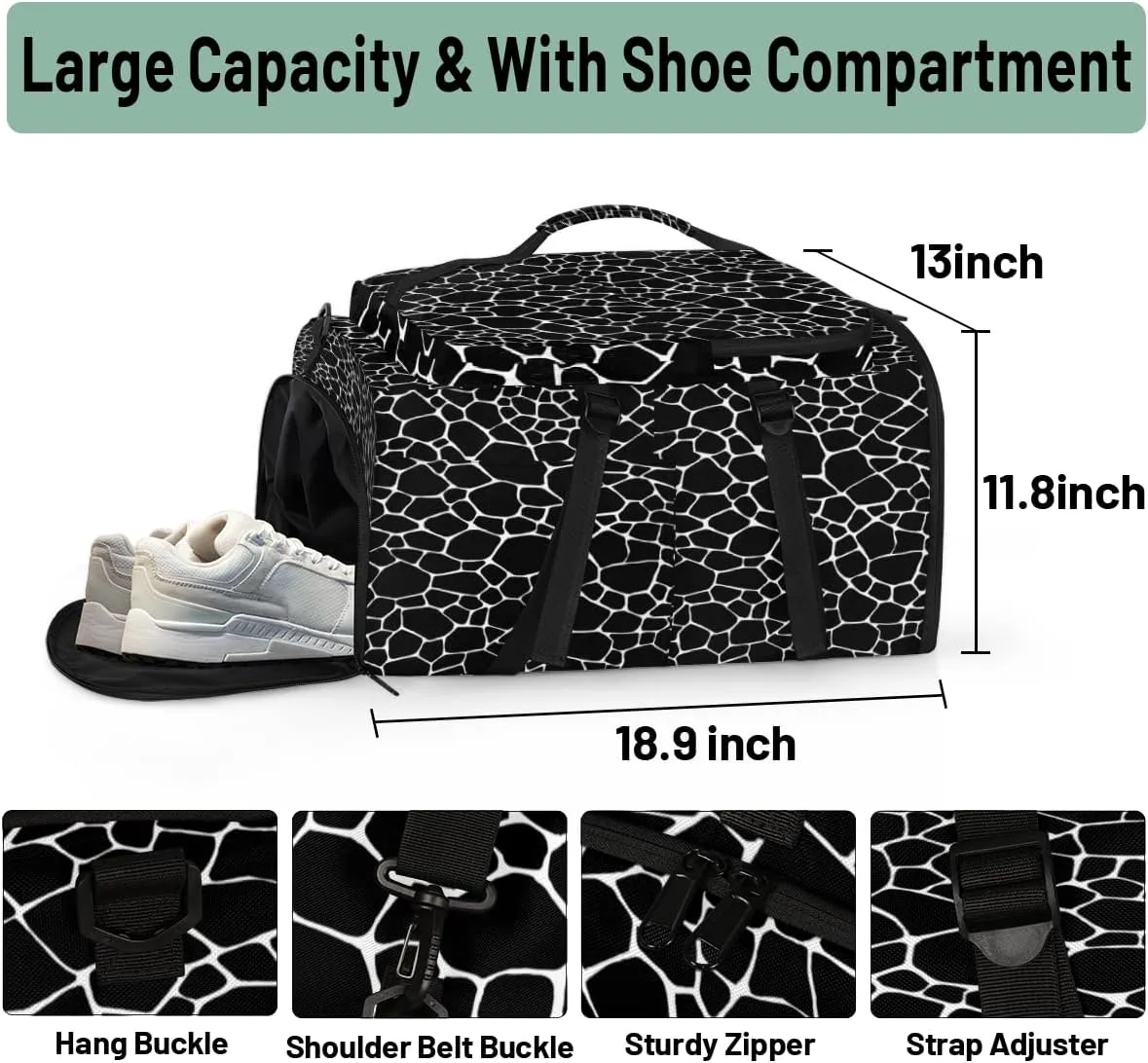 Large Sports Gym Bag With Shoe & Laptop Compartment 47L Waterproof Travel Duffel Bags for Men Women Giraffe Skin Luggage Backpack Duffle Bag