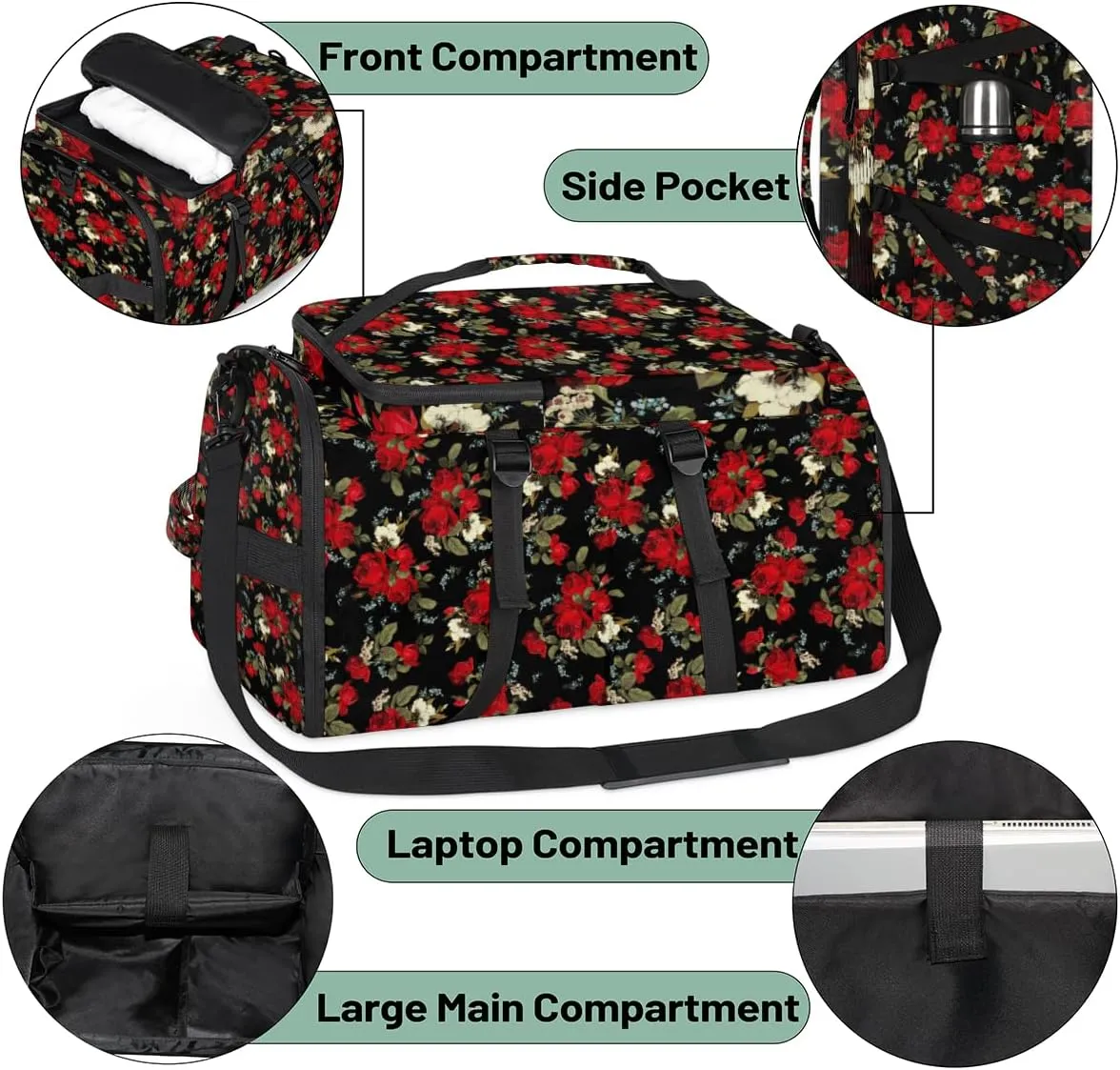 Large Sports Gym Bag With Shoe & Laptop Compartment 47L Waterproof Travel Duffel Bags for Men Women Rose Flower Theme Luggage Backpack Duffle Bag
