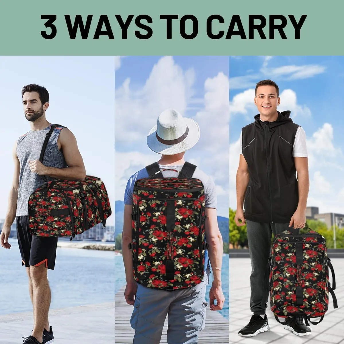 Large Sports Gym Bag With Shoe & Laptop Compartment 47L Waterproof Travel Duffel Bags for Men Women Rose Flower Theme Luggage Backpack Duffle Bag