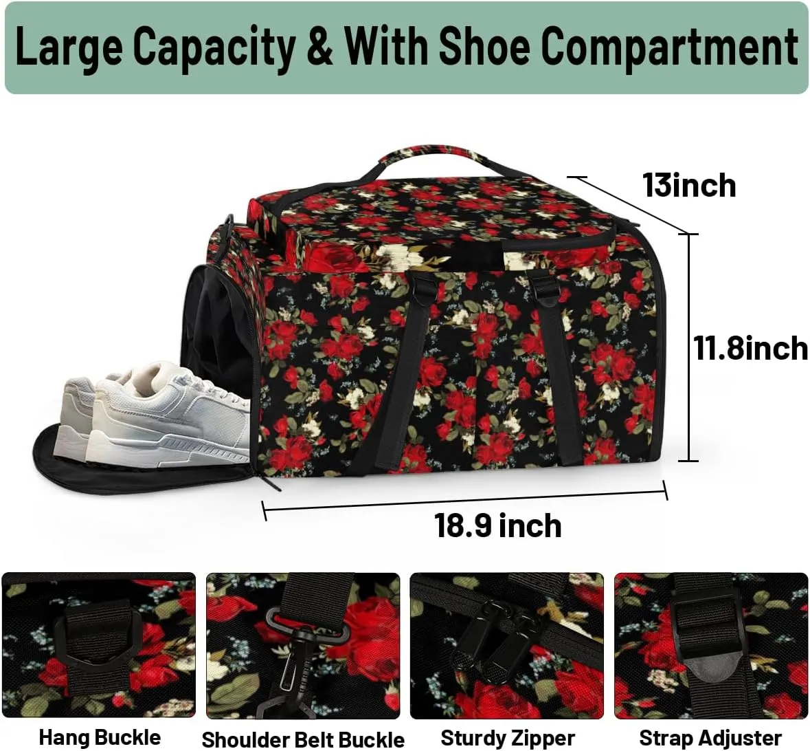 Large Sports Gym Bag With Shoe & Laptop Compartment 47L Waterproof Travel Duffel Bags for Men Women Rose Flower Theme Luggage Backpack Duffle Bag