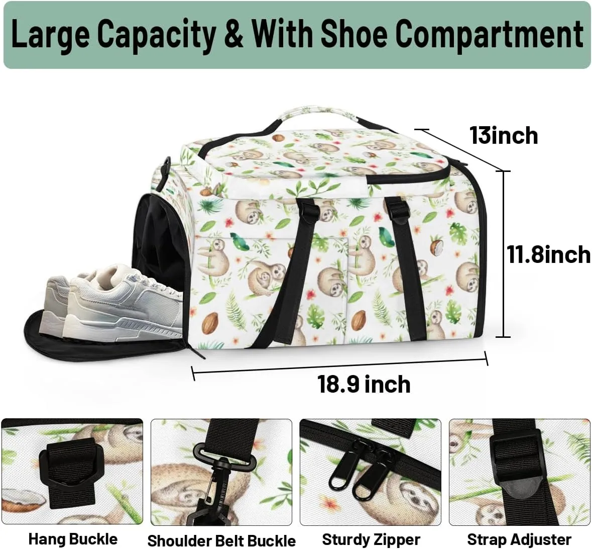 Large Sports Gym Bag With Shoe & Laptop Compartment 47L Waterproof Travel Duffel Bags for Men Women Sloths Luggage Backpack Duffle Bag