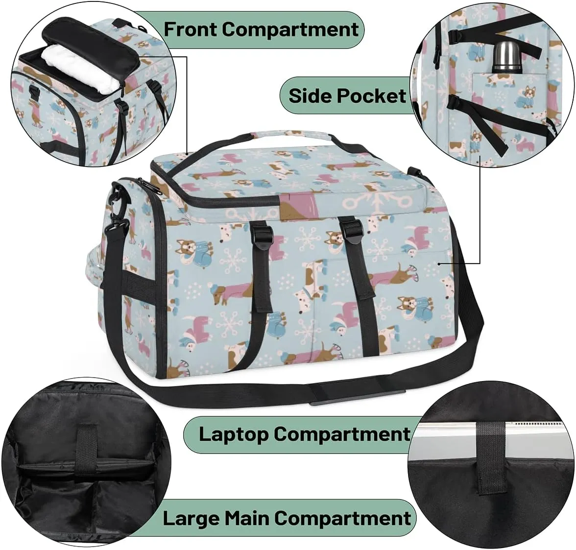 Large Sports Gym Bag With Shoe & Laptop Compartment 47L Waterproof Travel Duffel Bags for Men Women Snowflake Cute Dog Luggage Backpack Duffle Bag