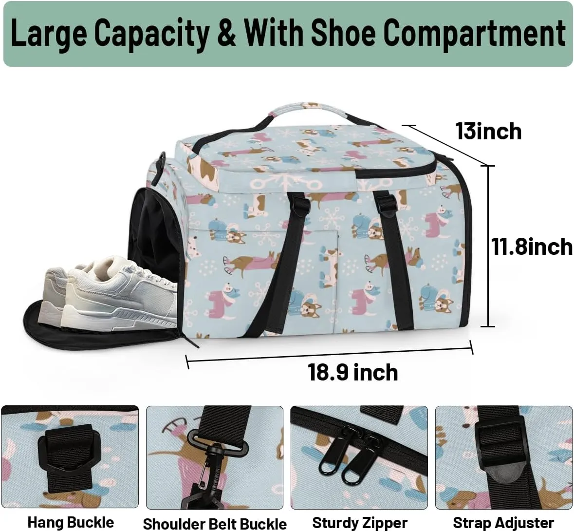 Large Sports Gym Bag With Shoe & Laptop Compartment 47L Waterproof Travel Duffel Bags for Men Women Snowflake Cute Dog Luggage Backpack Duffle Bag