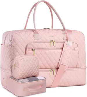 Large Women Travel Duffle Bag - Carry on Overnight Bag Weekend Travel Duffel Tote Bag Gym Bag with Wet Pocket Toiletry Weekender Overnight Bag for Travel Business Trips Sports Hospital Pink 3 Pcs Set
