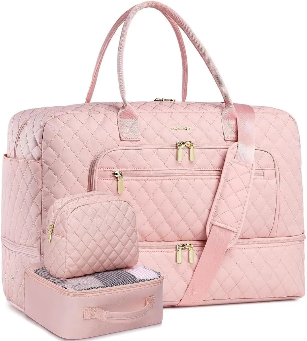 Large Women Travel Duffle Bag - Carry on Overnight Bag Weekend Travel Duffel Tote Bag Gym Bag with Wet Pocket Toiletry Weekender Overnight Bag for Travel Business Trips Sports Hospital Pink 3 Pcs Set