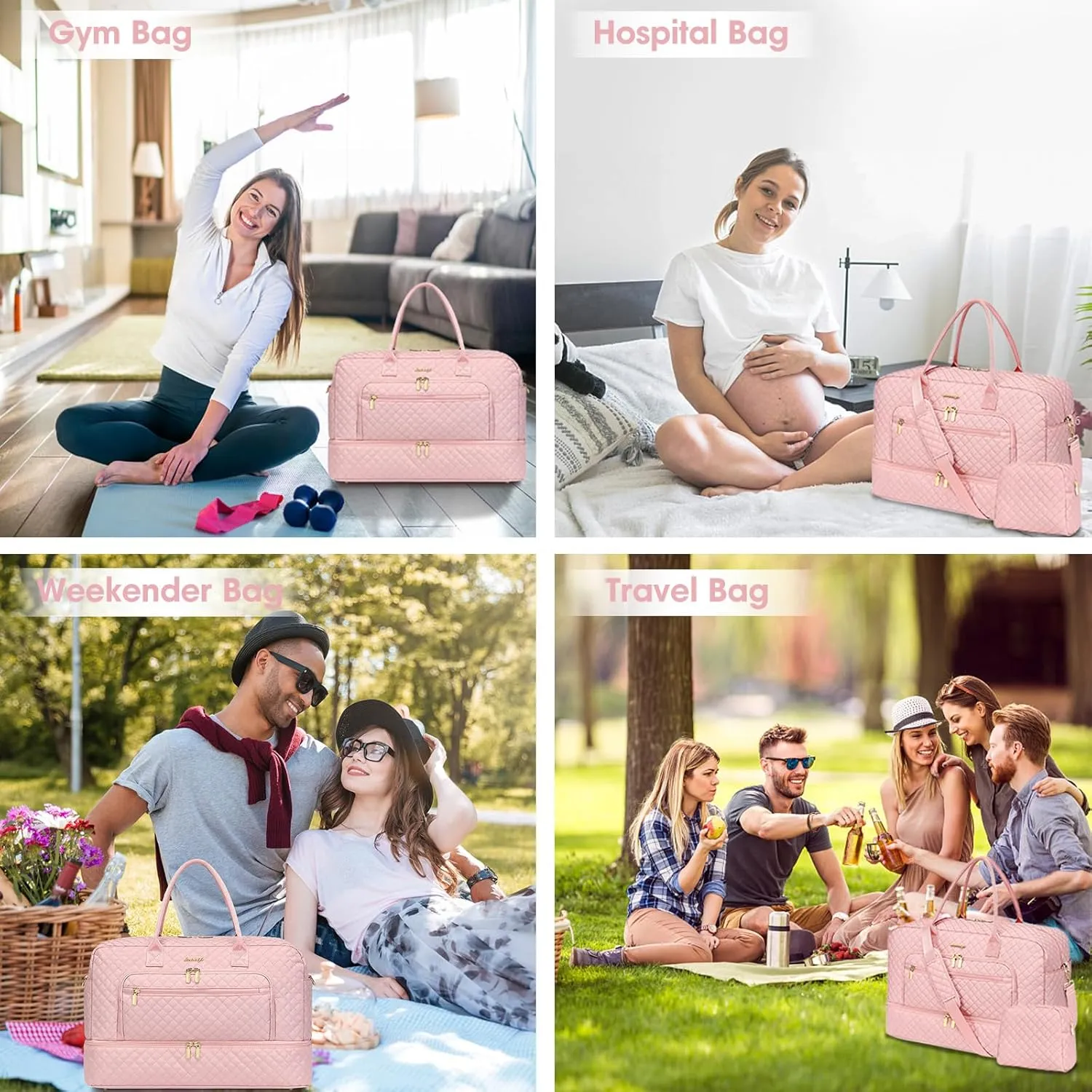Large Women Travel Duffle Bag - Carry on Overnight Bag Weekend Travel Duffel Tote Bag Gym Bag with Wet Pocket Toiletry Weekender Overnight Bag for Travel Business Trips Sports Hospital Pink 3 Pcs Set