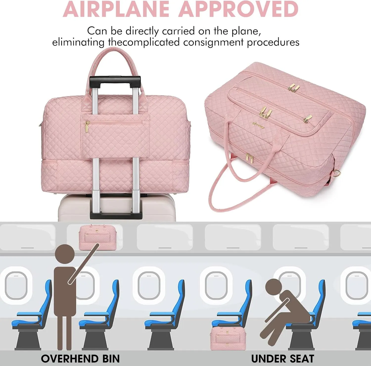 Large Women Travel Duffle Bag - Carry on Overnight Bag Weekend Travel Duffel Tote Bag Gym Bag with Wet Pocket Toiletry Weekender Overnight Bag for Travel Business Trips Sports Hospital Pink 3 Pcs Set