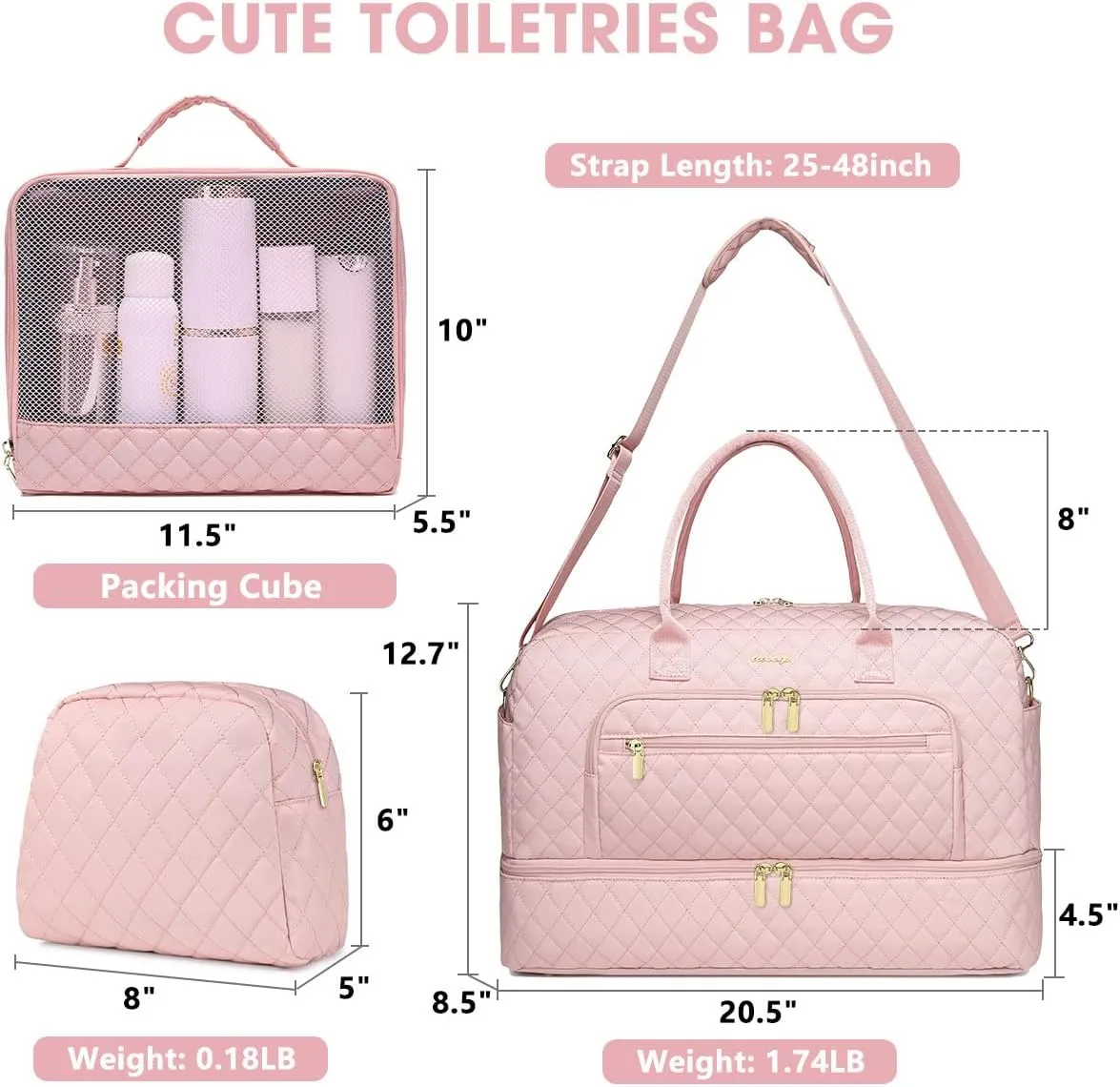 Large Women Travel Duffle Bag - Carry on Overnight Bag Weekend Travel Duffel Tote Bag Gym Bag with Wet Pocket Toiletry Weekender Overnight Bag for Travel Business Trips Sports Hospital Pink 3 Pcs Set