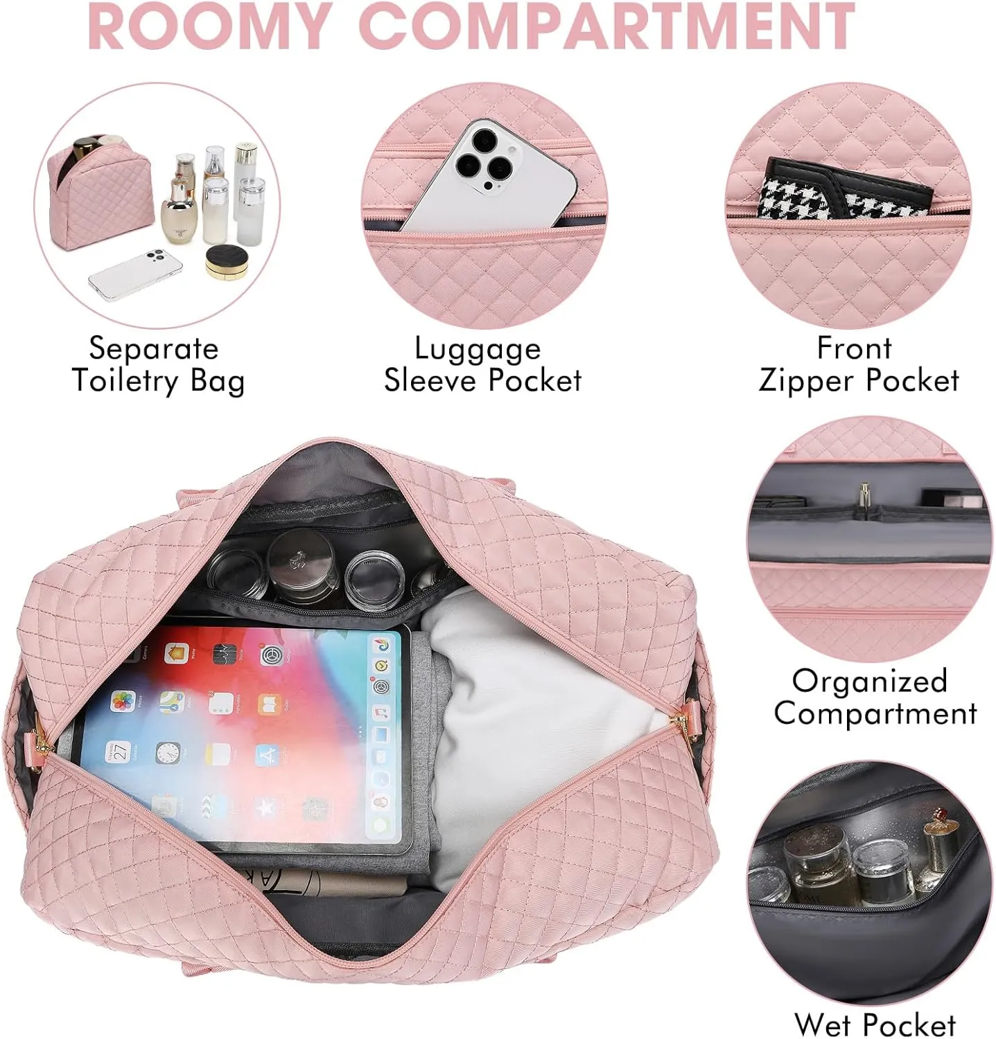 Large Women Travel Duffle Bag - Carry on Overnight Bag Weekend Travel Duffel Tote Bag Gym Bag with Wet Pocket Toiletry Weekender Overnight Bag for Travel Business Trips Sports Hospital Pink 3 Pcs Set